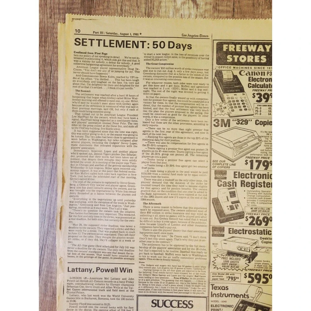 1981 Aug 1: LA Times Sports MLB Baseball Players Union Strike Ends At 50-Days!